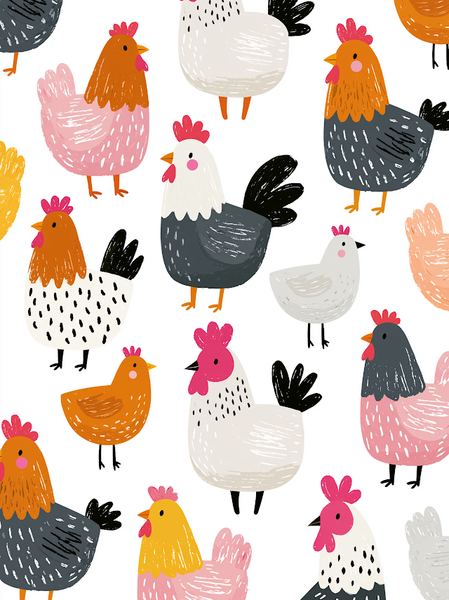 Whimsical Hand-Drawn Chickens on White Background