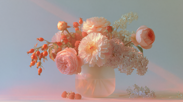Whimsical Japanese Bouquet in Frosted Glass Vase