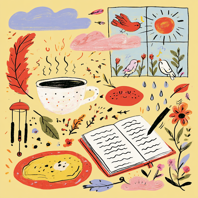 Whimsical Morning Scene with Coffee and Nature