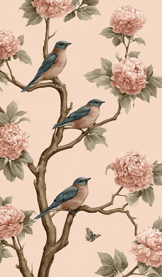 Whimsical Tree Branch with Birds and Peony Flowers