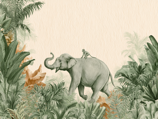 Whimsical Vintage Botanical Illustration of an Elephant in Tropical Jungle