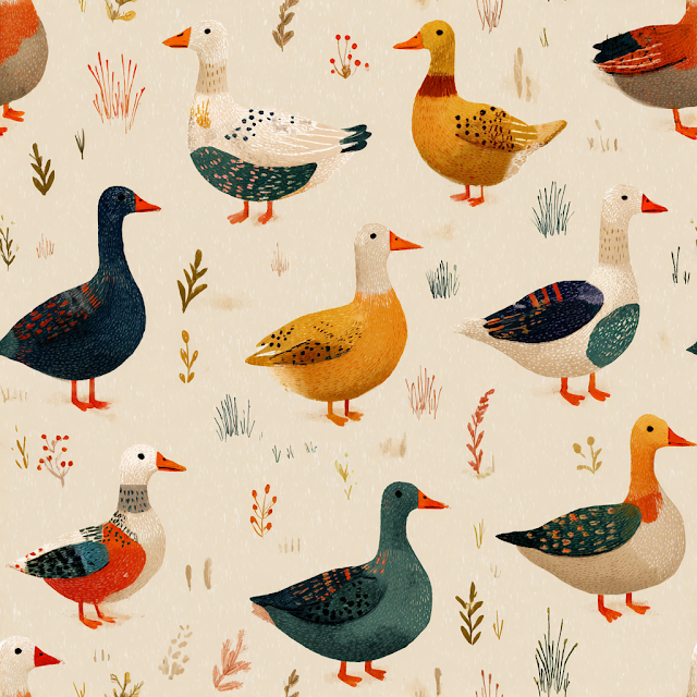 Whimsical Vintage Geese and Ducks Seamless Pattern