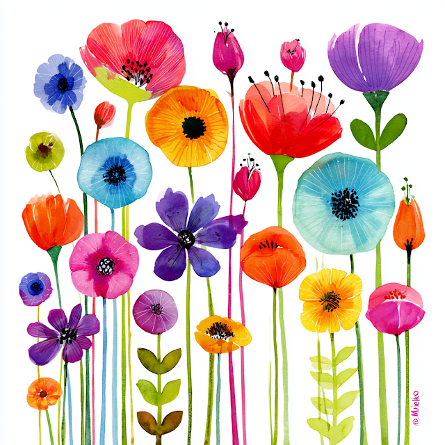 Whimsical Watercolor Flowers in Mari Mekko Style