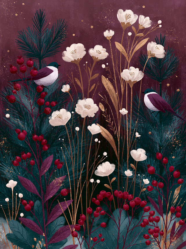 Winter Foliage Illustration with Birds
