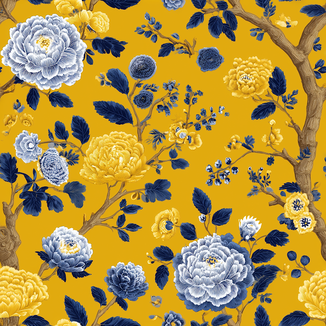 Yellow Floral Pattern with Blue Roses