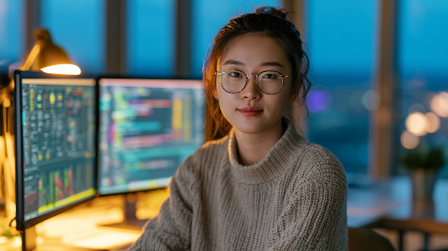 Young Asian Woman Software Engineer in Modern Office at Dusk