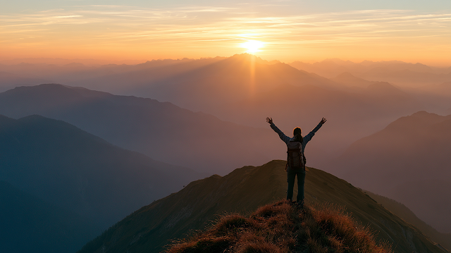 Youthful Hiker Embracing the Sunrise
